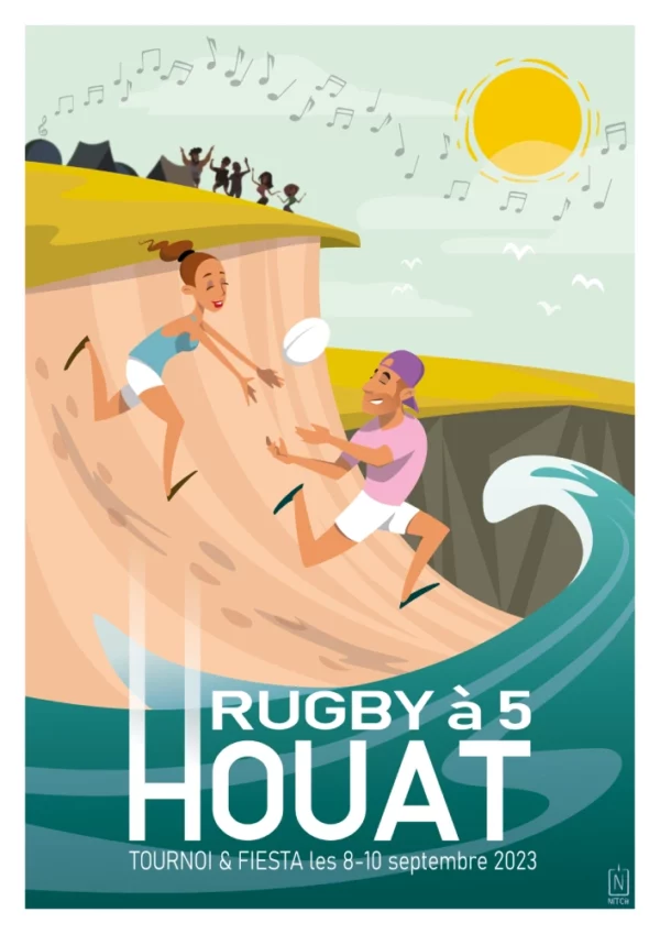 Affiche A2 pour promouvoir le tournoi Rugby à 5 Houat 2023