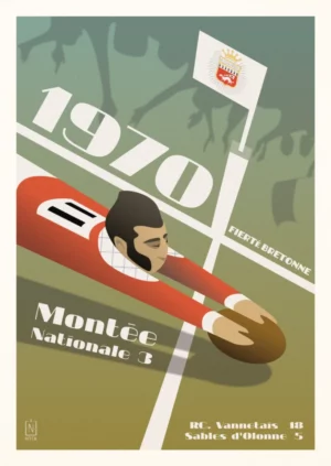 Affiche A2 de 1970 représentant le montée du rugby club vannetais en nationale 3