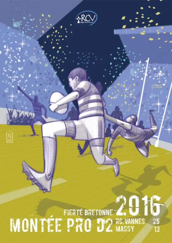 Affiche A2 de 2016 représentant le montée du rugby club vannes en Pro D2